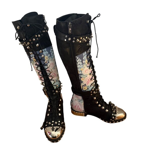 Gothic Punk Size 39 US 8.5 Black Floral Lace-Up Knee-High Studded Combat Boots - Picture 1 of 16